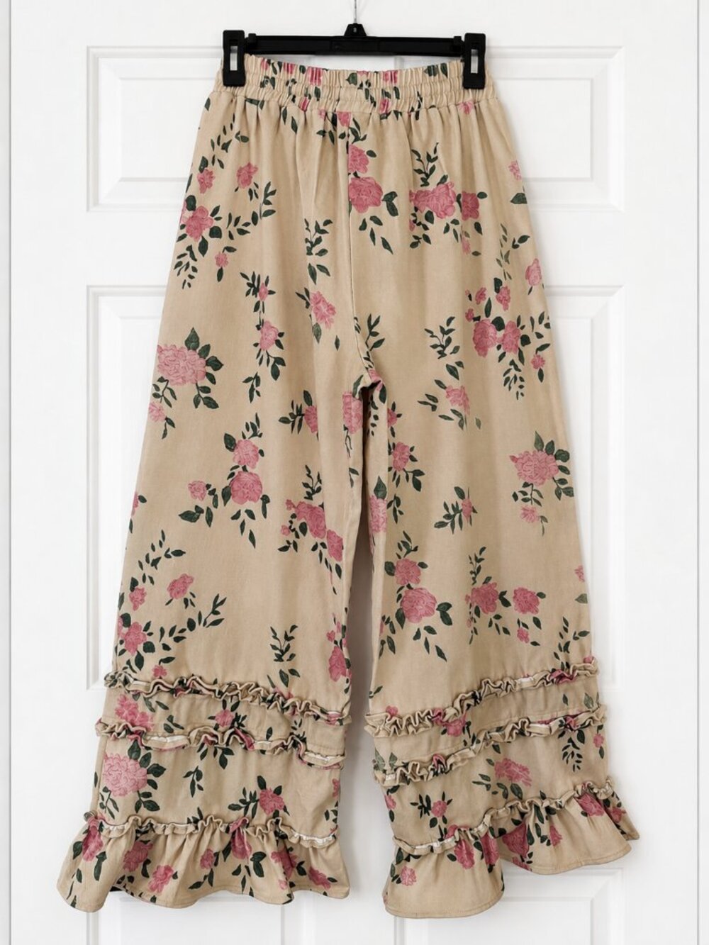 BiBi Floral Denim Ruffle Wide Leg Pants Cottagecore Boho Tiered Palazzo Pants - Picture 8 of 11
